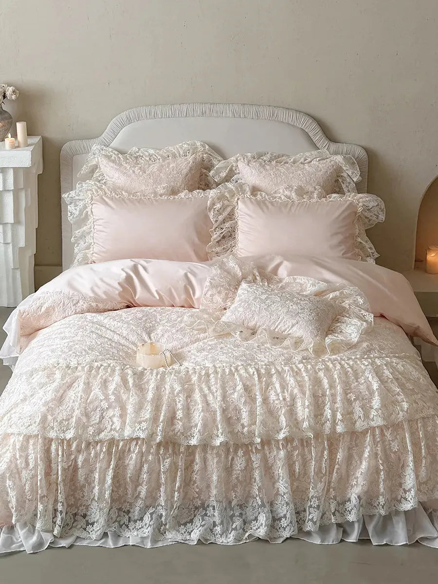 Breezora Rococo layered lace bedding set featuring intricate lace details in soft, elegant tones.