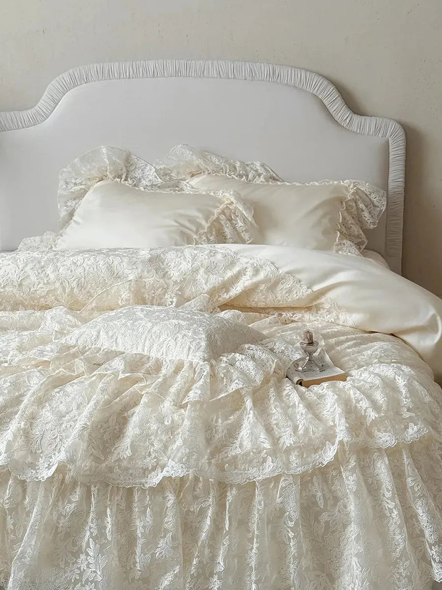 Rococo layered lace bedding set by Breezora featuring intricate lace details and soft, elegant fabric in a serene bedroom setting.