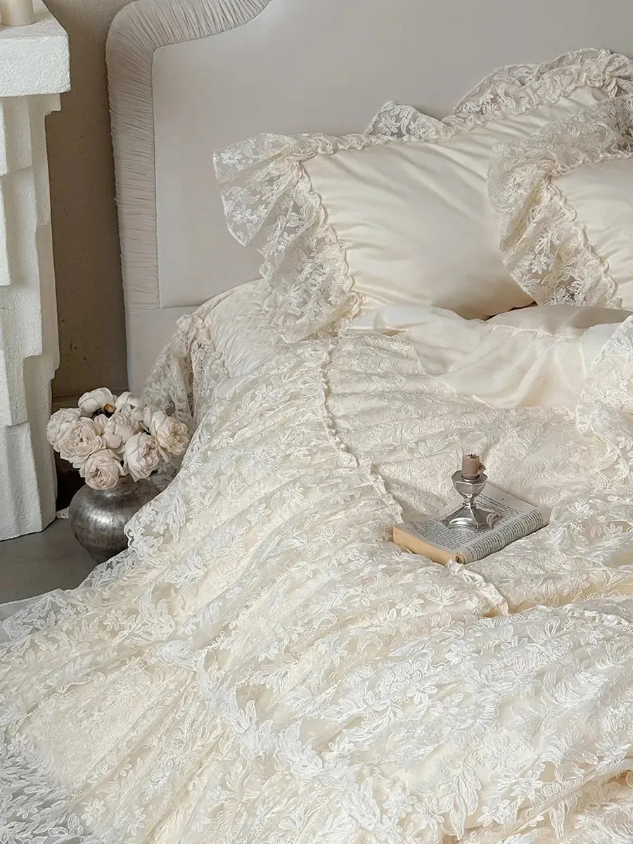 Breezora Rococo layered lace bedding set featuring intricate lace details and soft fabric in a serene bedroom setting.