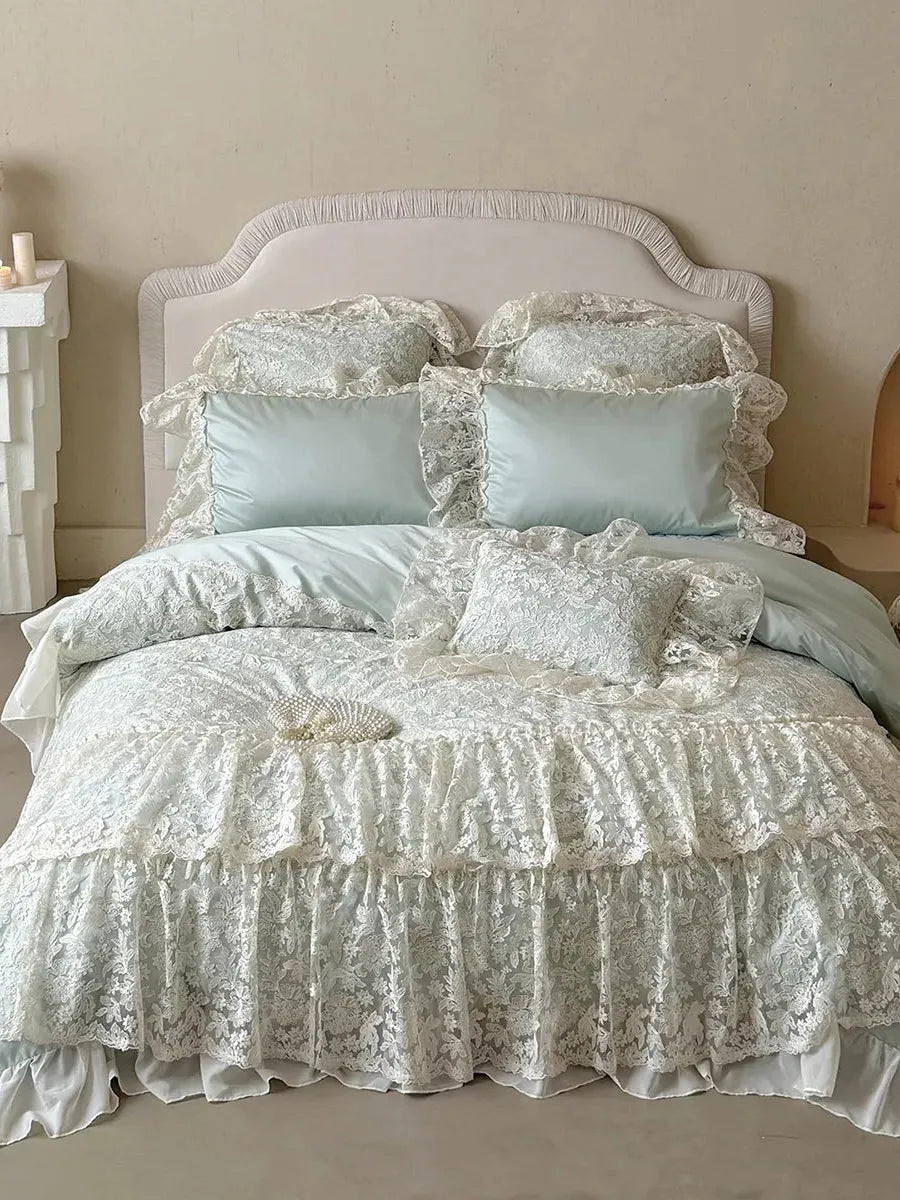 Rococo layered lace bedding set by Breezora featuring intricate lace details and elegant design in soft colors.