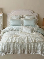 Rococo layered lace bedding set by Breezora featuring intricate lace details and elegant design in soft colors.