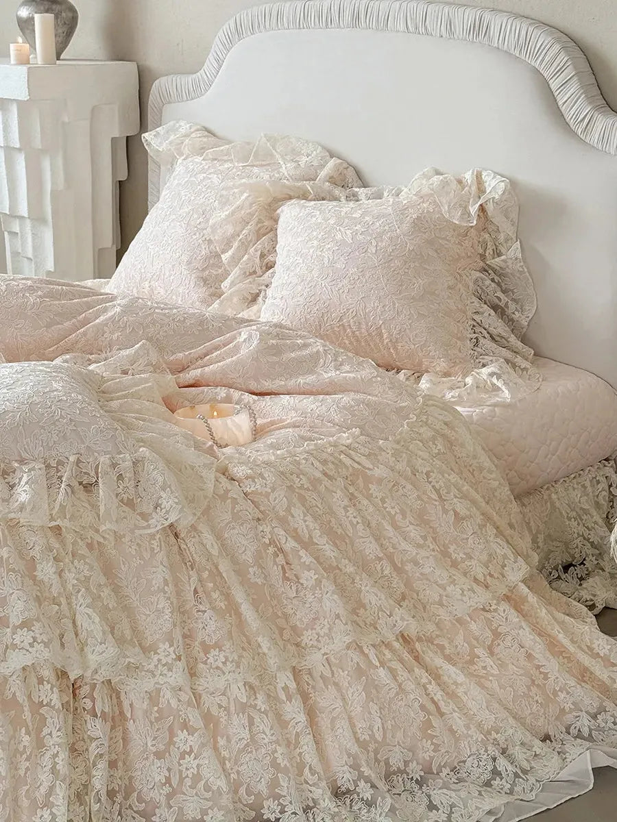Breezora Rococo layered lace bedding set featuring intricate lace details and a soft, elegant design.