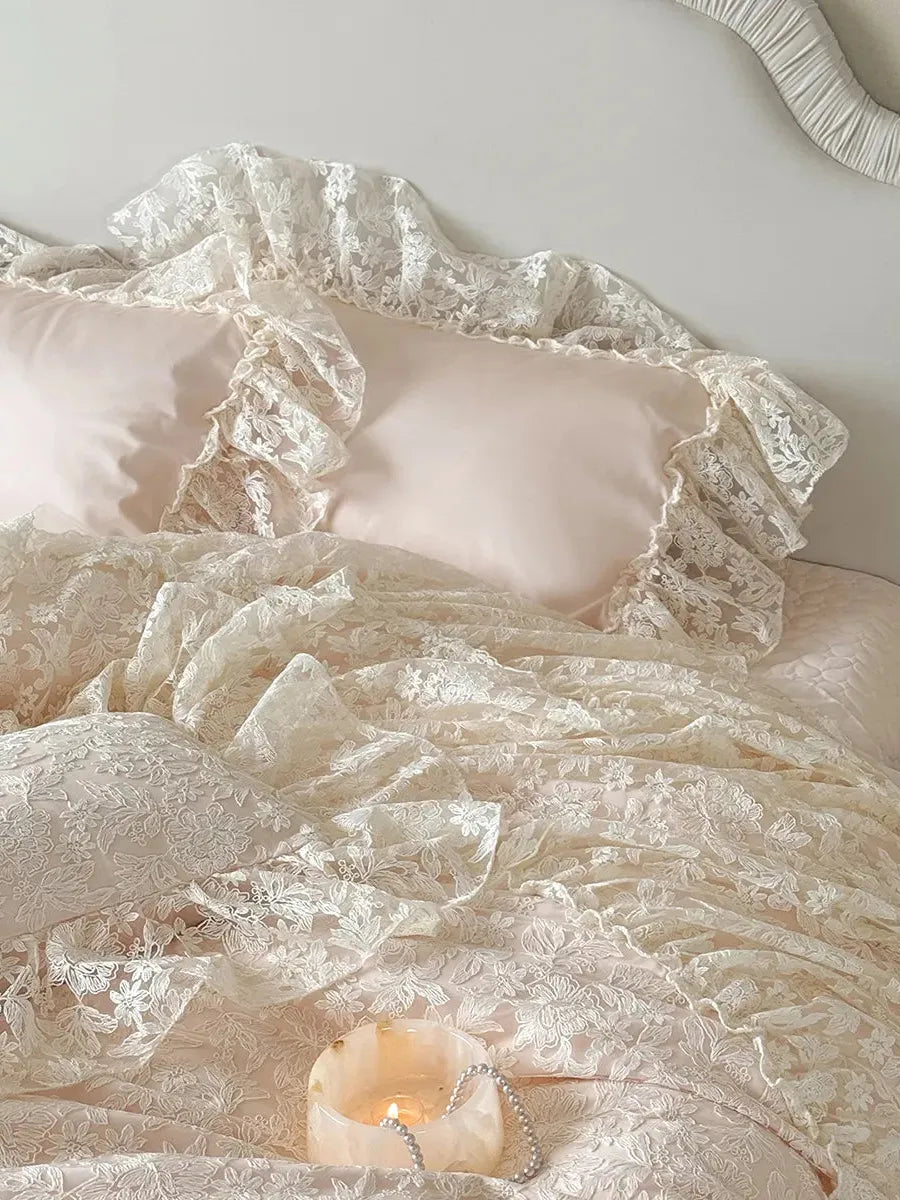 Breezora Rococo layered lace bedding set showcasing intricate lace details and elegant design in soft colors.