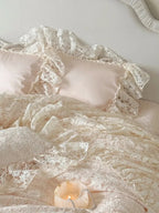 Breezora Rococo layered lace bedding set showcasing intricate lace details and elegant design in soft colors.