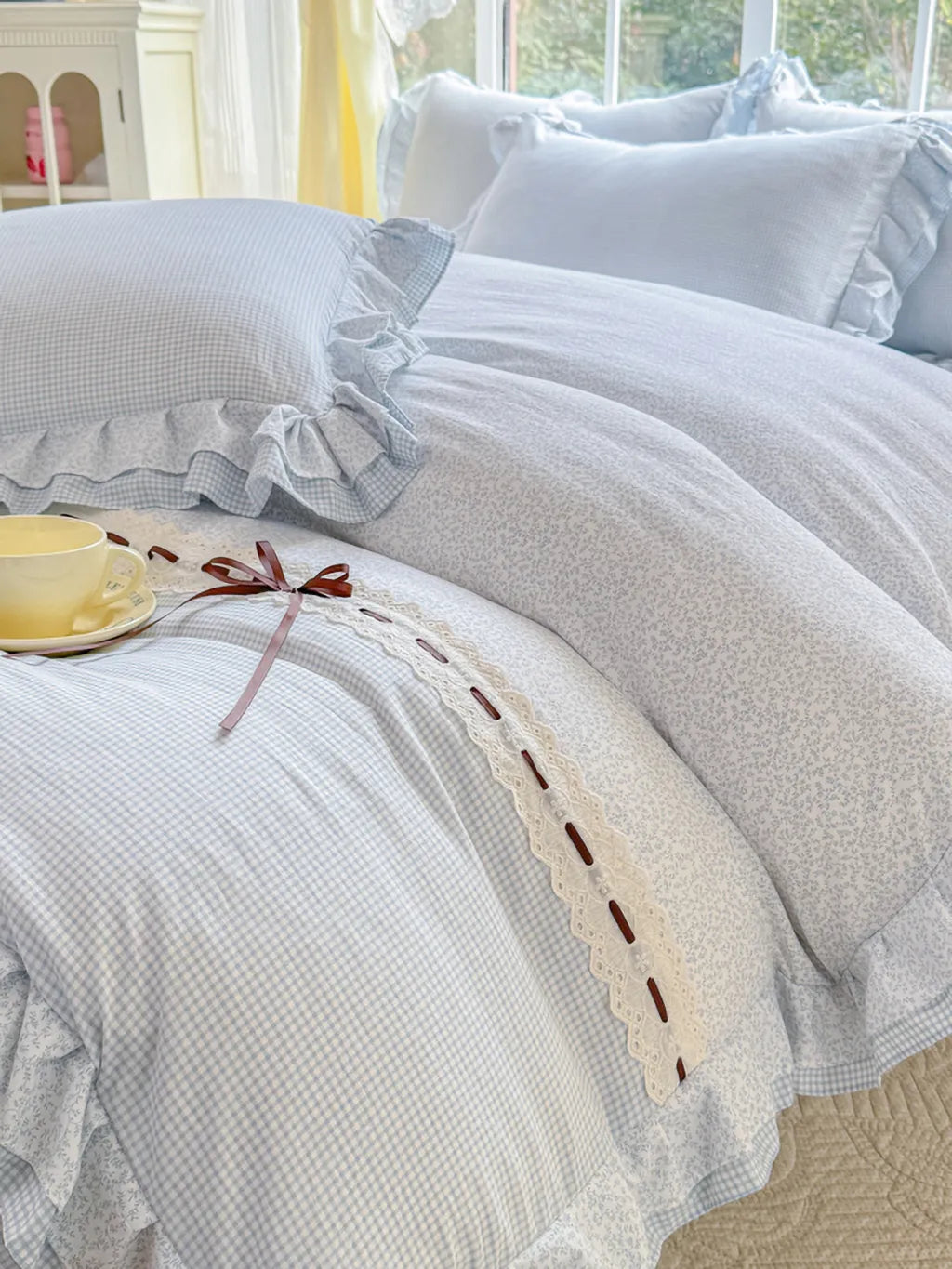 Gingham Lace-Up Bow Ruffle Bedding Set