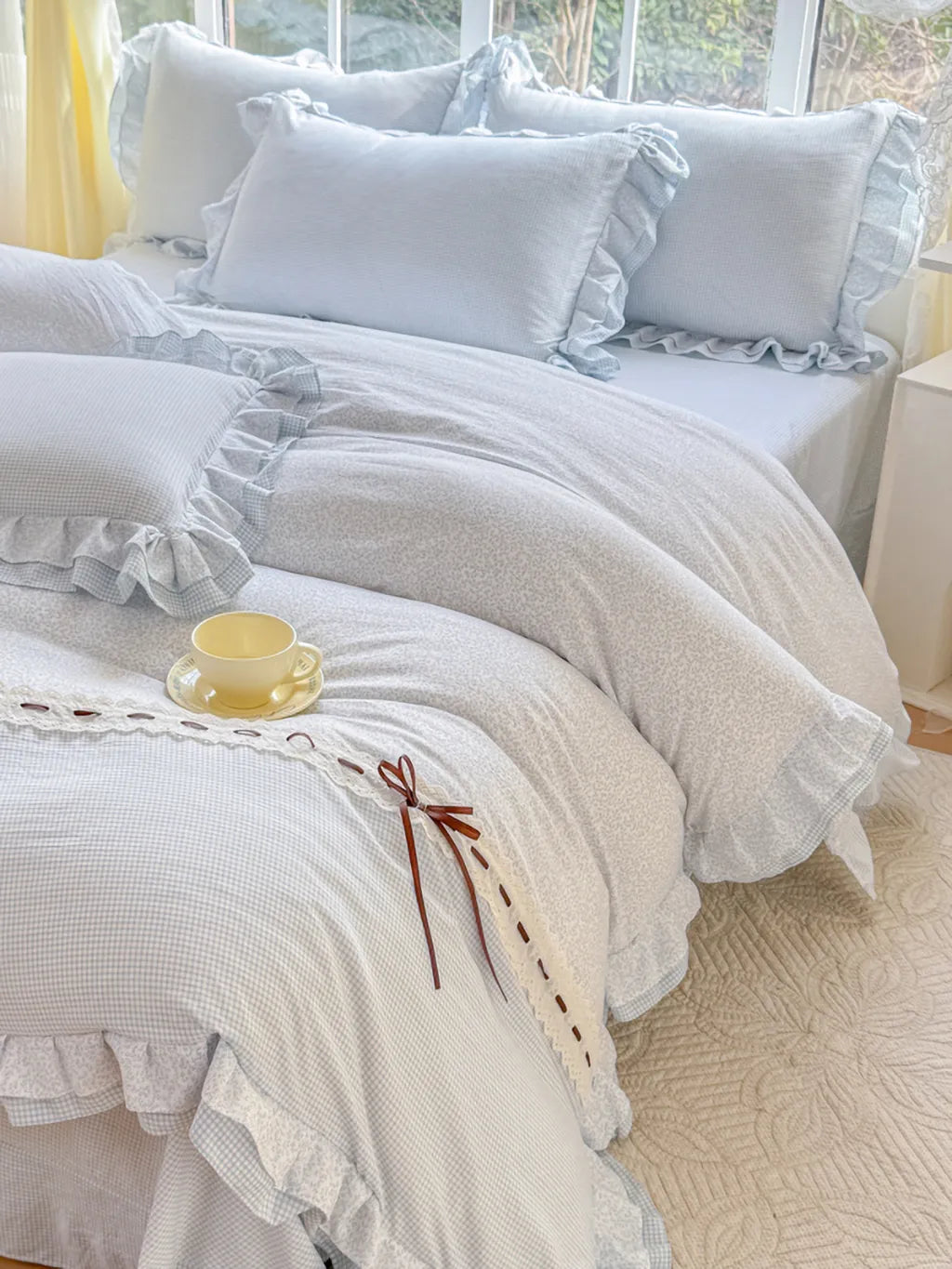 Gingham Lace-Up Bow Ruffle Bedding Set