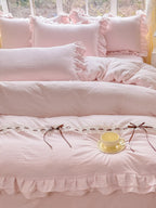 Gingham Lace-Up Bow Ruffle Bedding Set