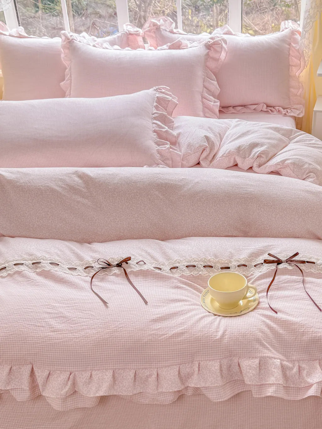 Gingham Lace-Up Bow Ruffle Bedding Set