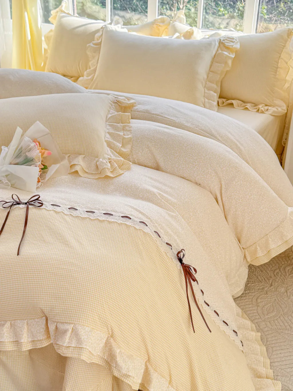 Gingham Lace-Up Bow Ruffle Bedding Set