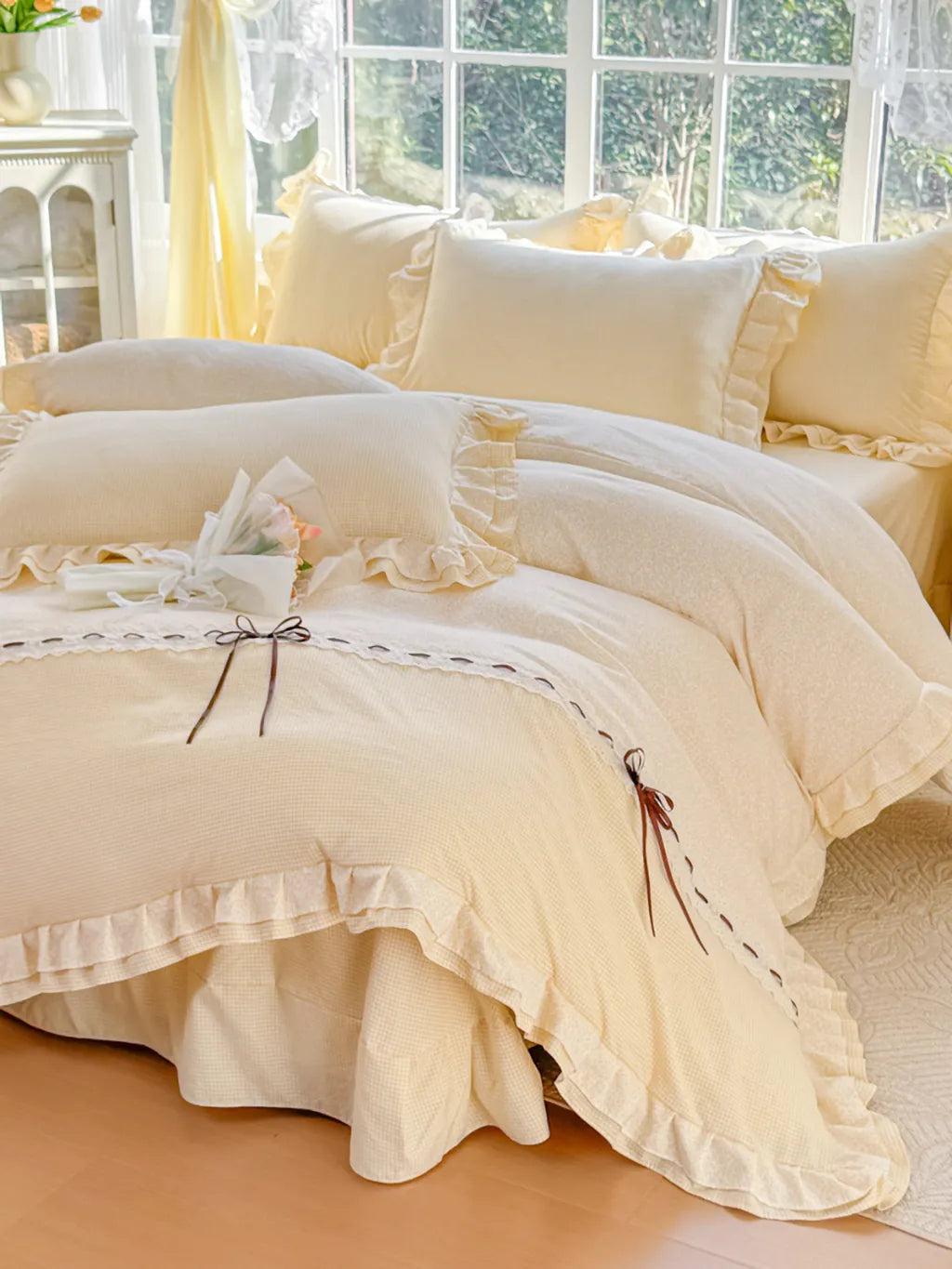 Gingham Lace-Up Bow Ruffle Bedding Set