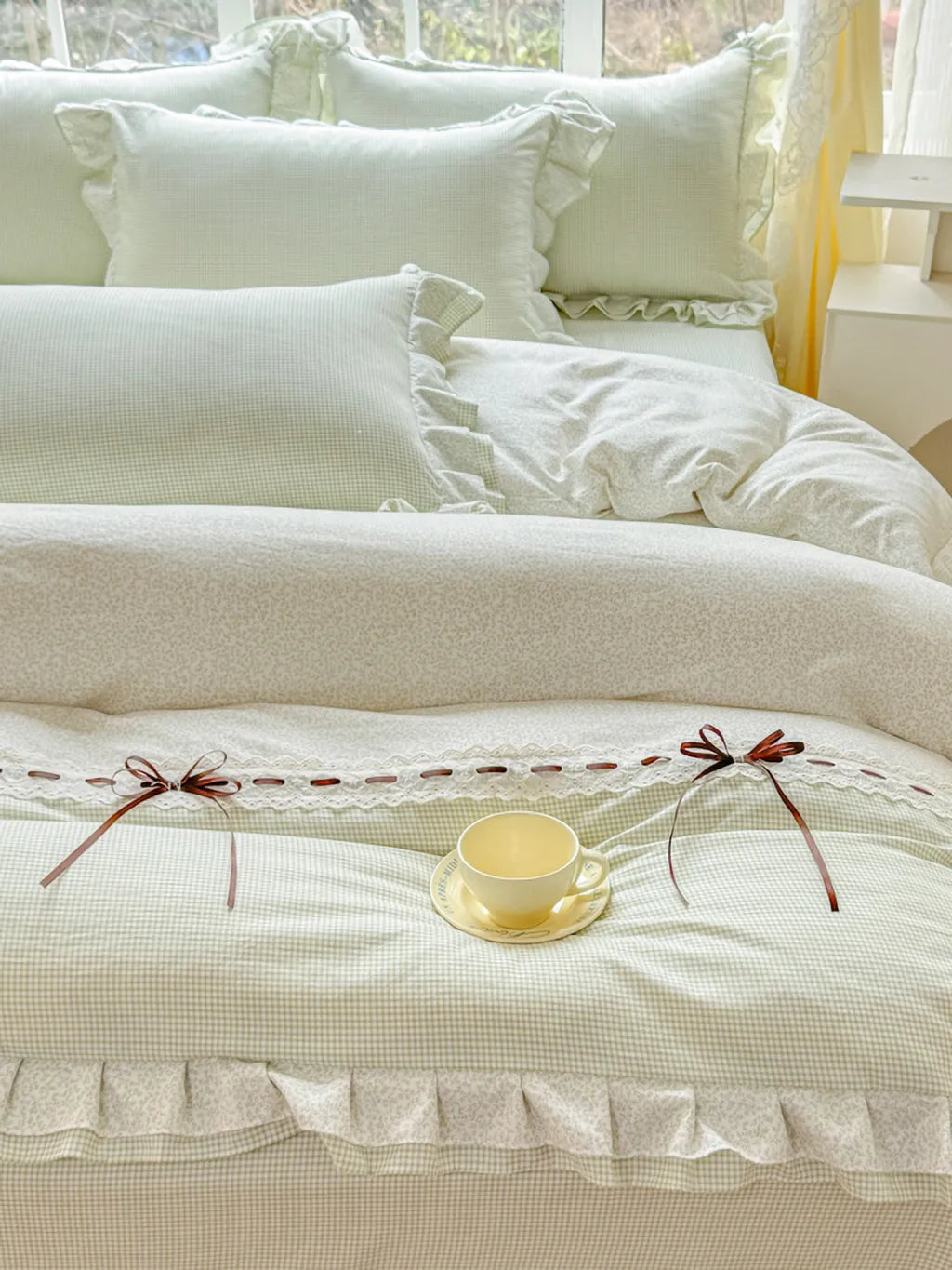 Gingham Lace-Up Bow Ruffle Bedding Set