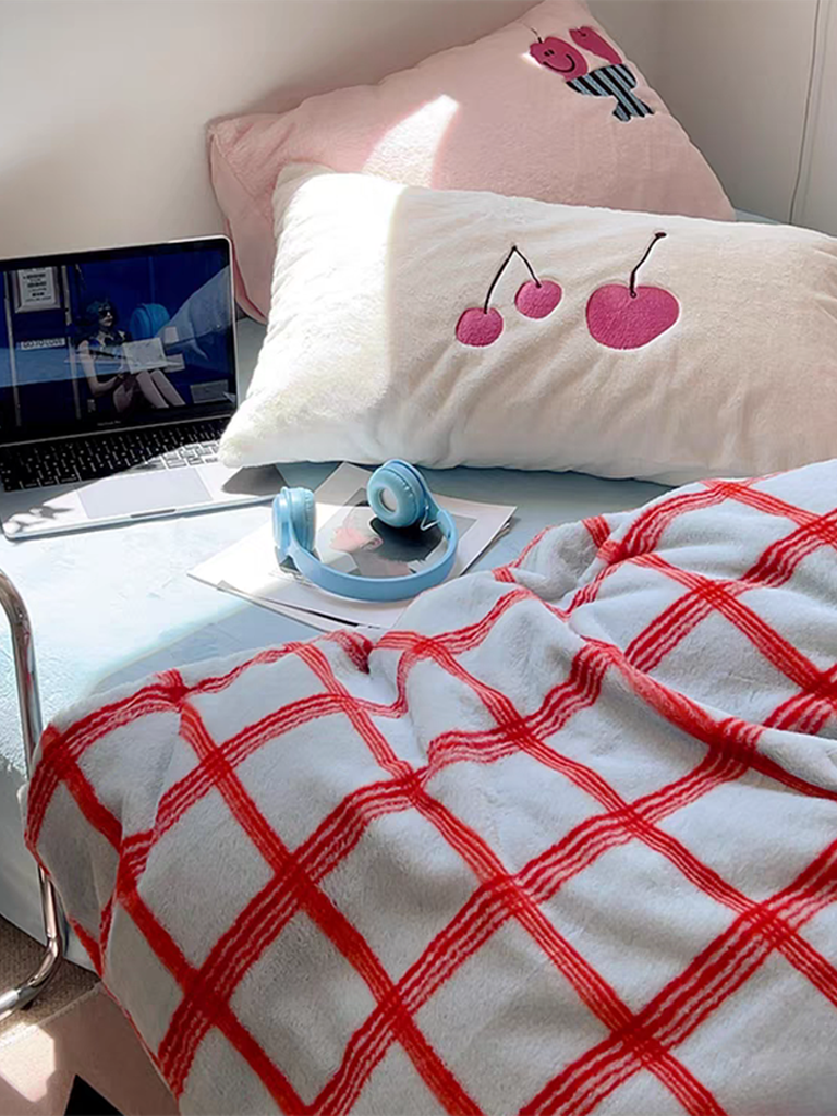 Girly Cherry & Plaid Plush Duvet Cover