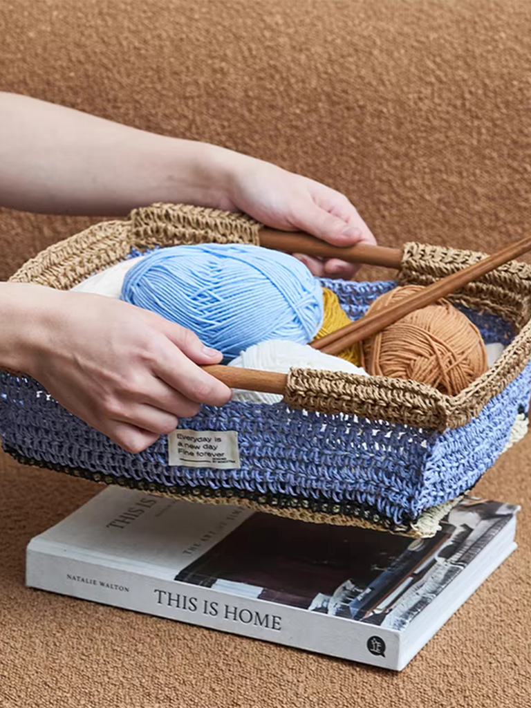 Handmade Raffia Tray with Wood Handle