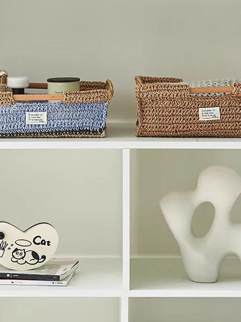 Handmade Raffia Tray with Wood Handle