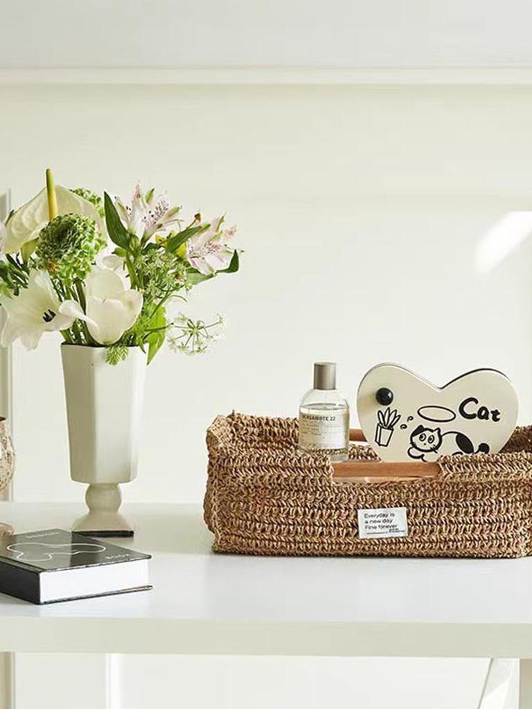 Handmade Raffia Tray with Wood Handle