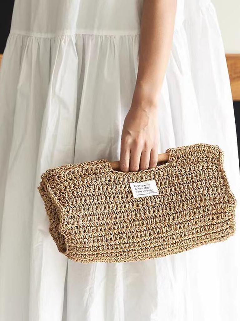 Handmade Raffia Tray with Wood Handle