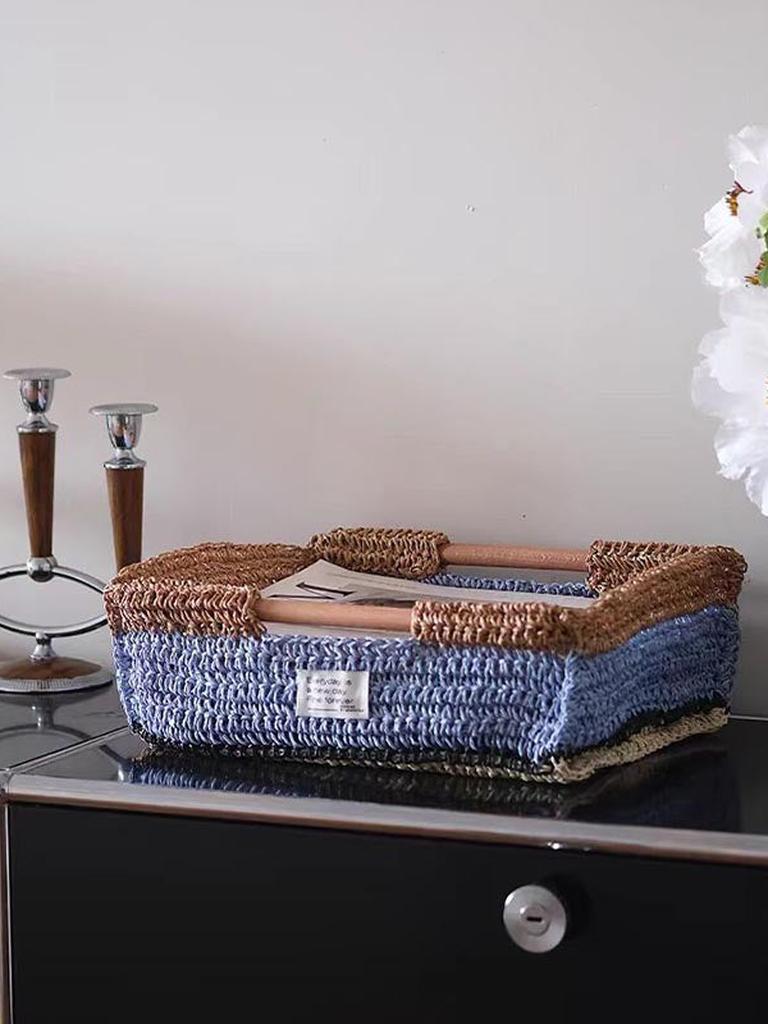 Handmade Raffia Tray with Wood Handle