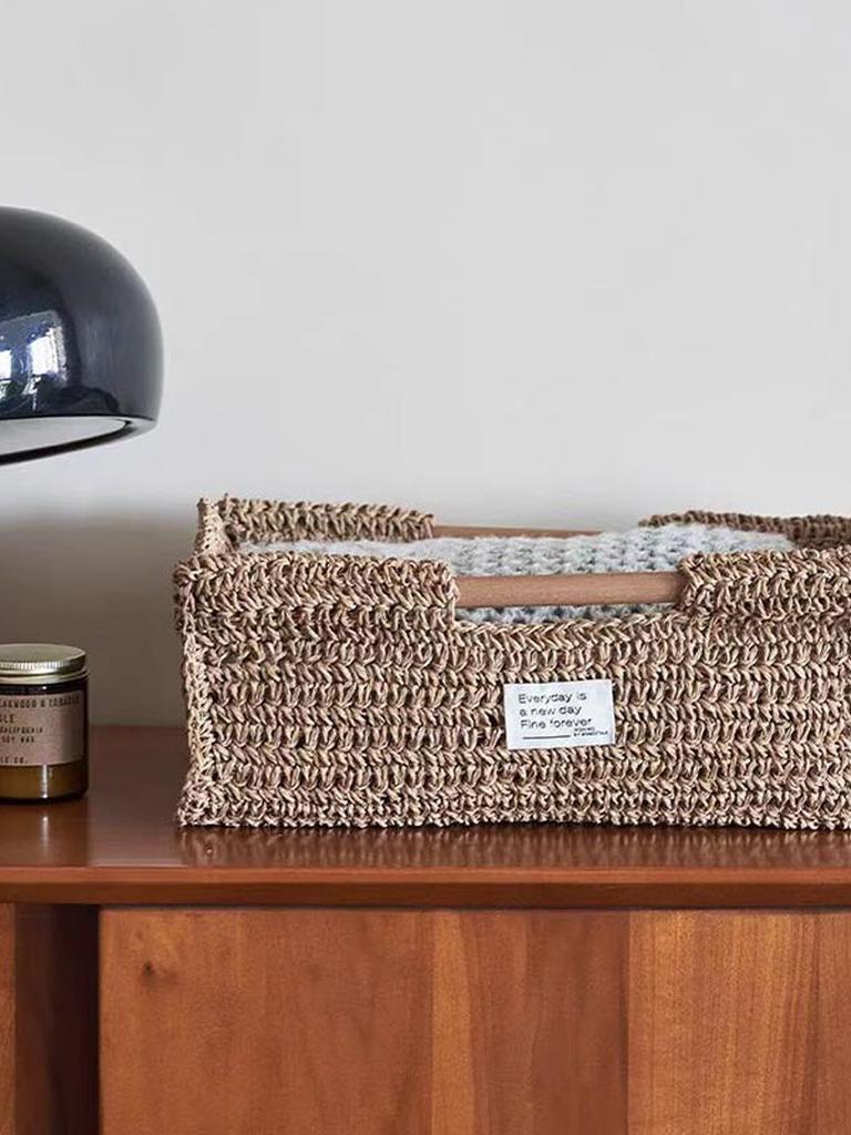 Handmade Raffia Tray with Wood Handle