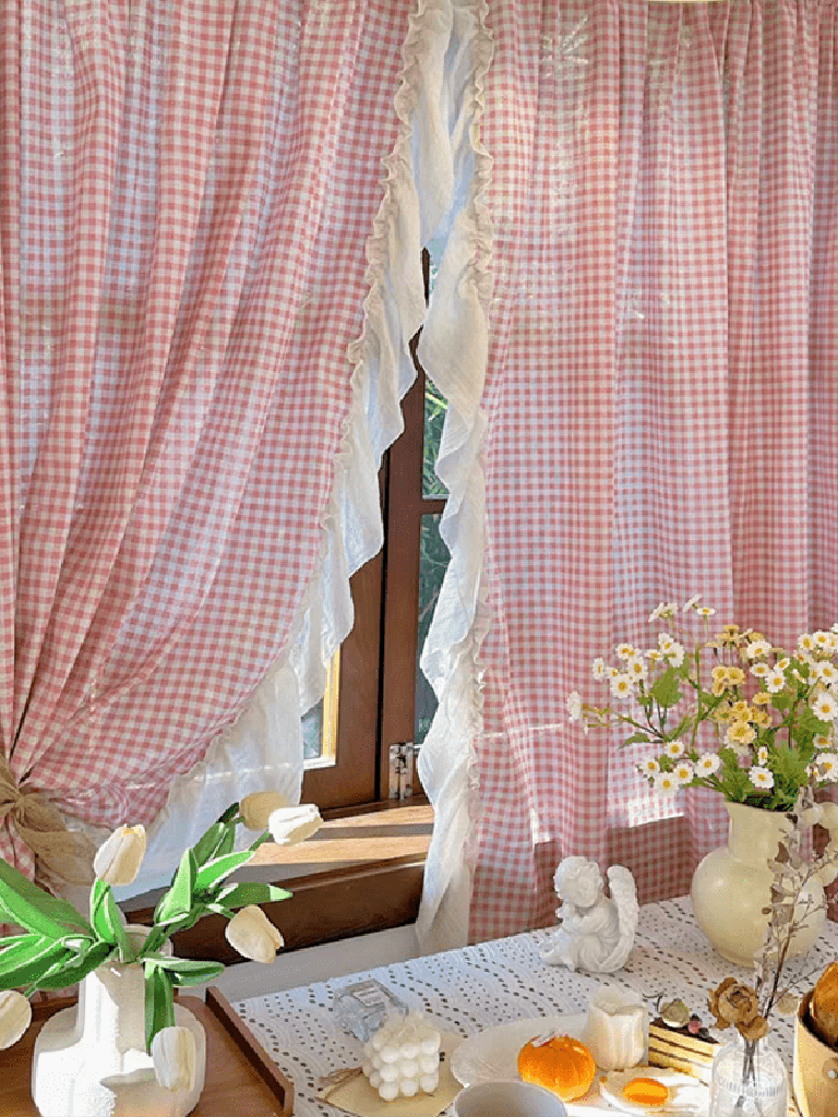 Korean Pink Gingham Curtain