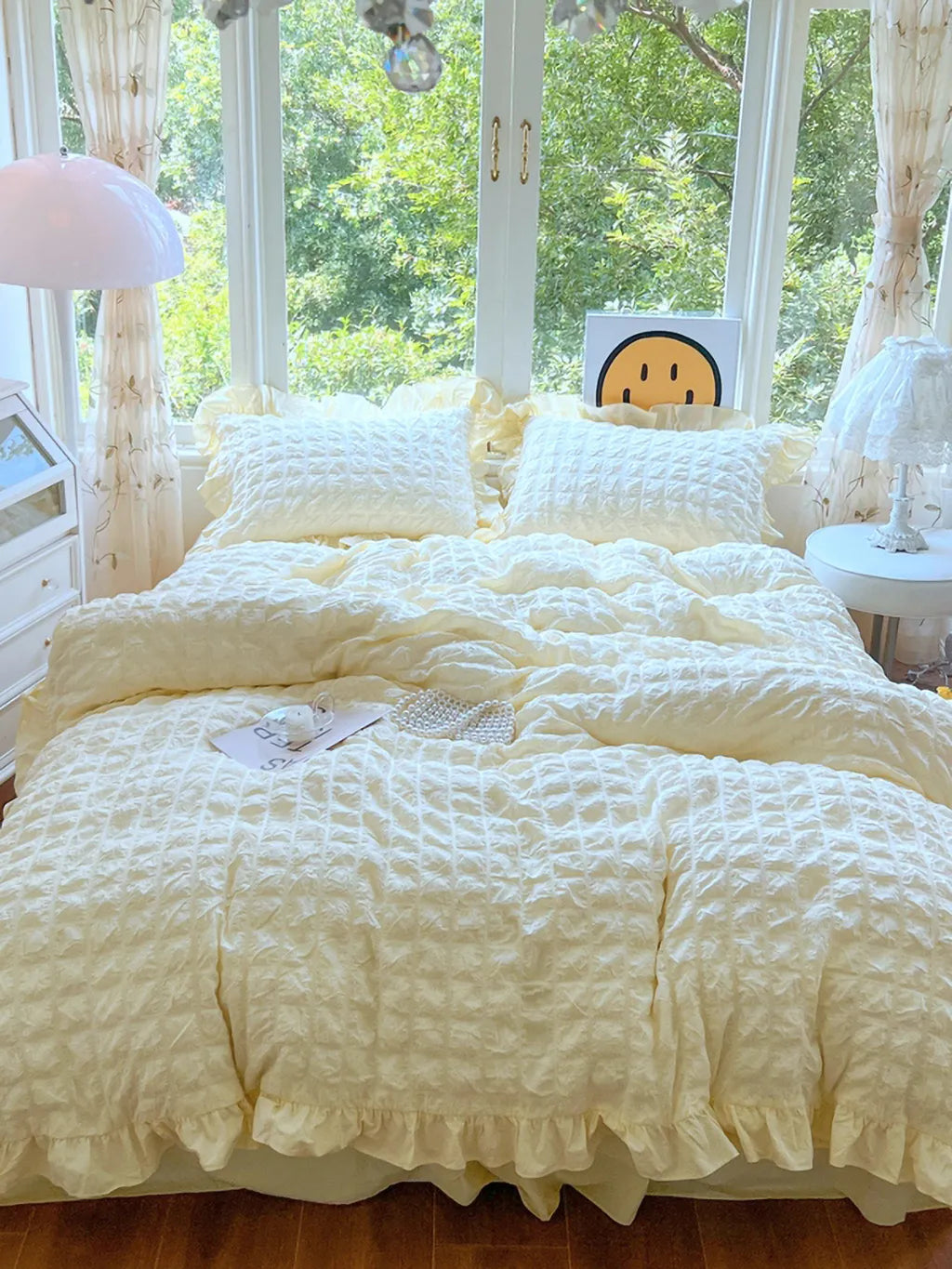 Pastel Yellow Seersucker Bedding Set with Ruffle