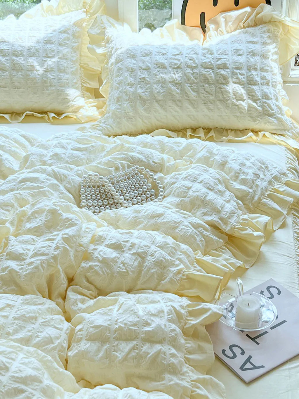 Pastel Yellow Seersucker Bedding Set with Ruffle