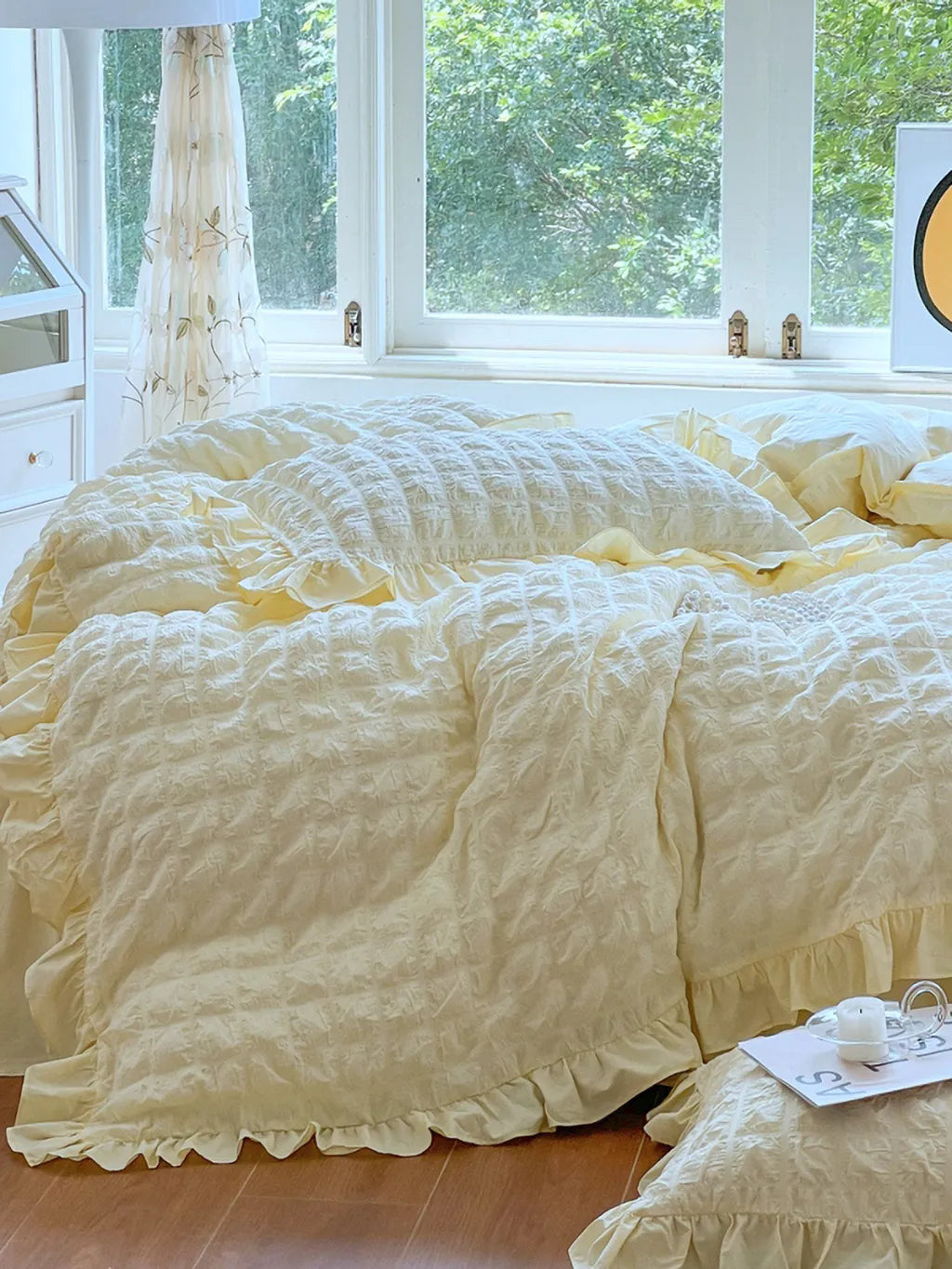 Pastel Yellow Seersucker Bedding Set with Ruffle