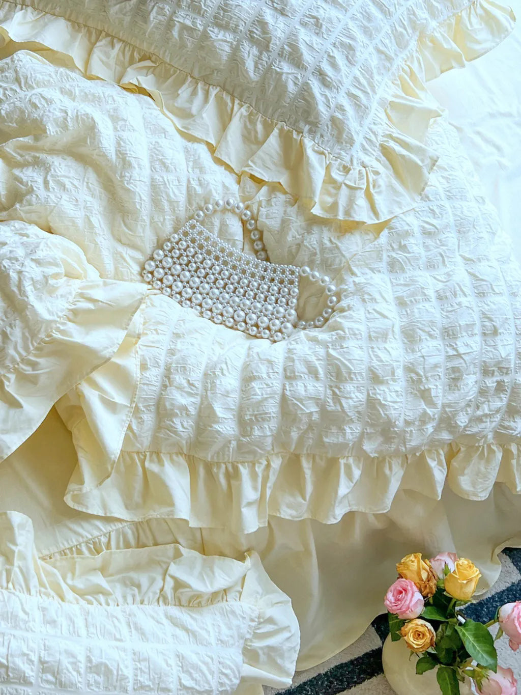Pastel Yellow Seersucker Bedding Set with Ruffle