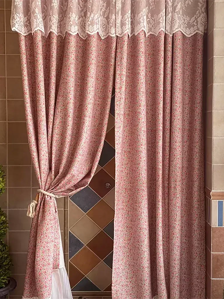Pink Ditsy Floral Curtain with Lace