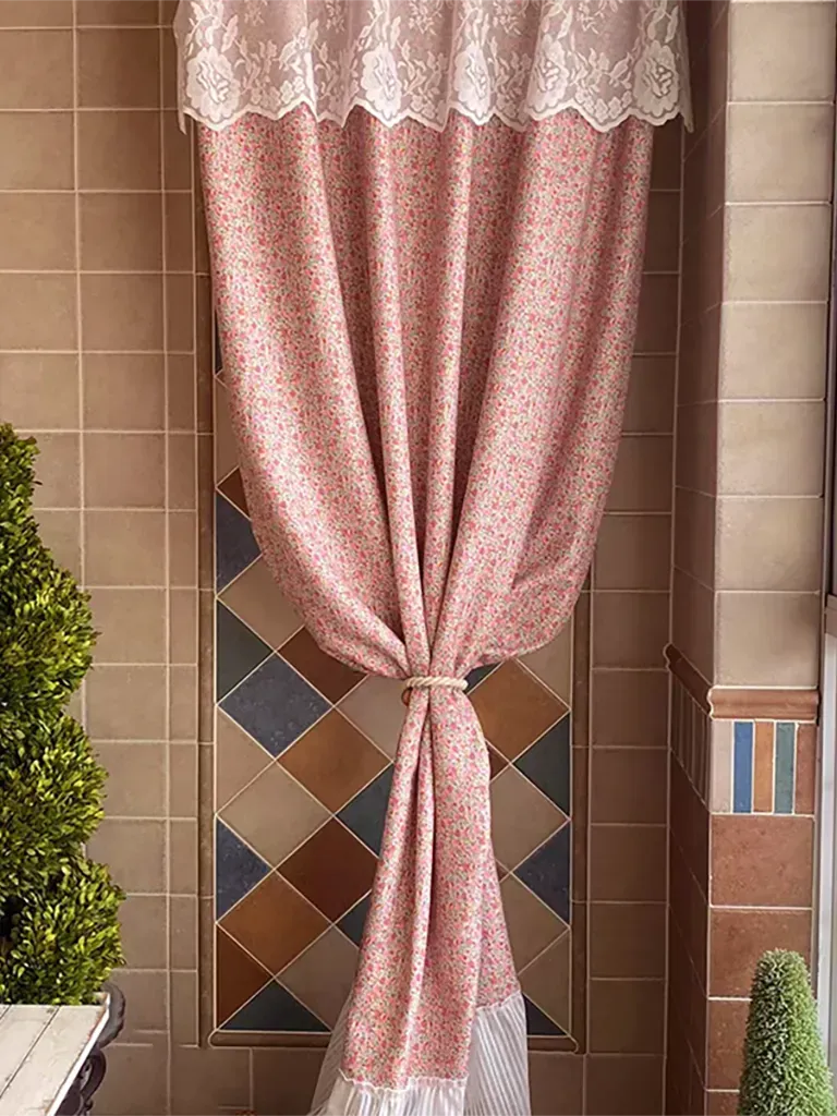 Pink Ditsy Floral Curtain with Lace