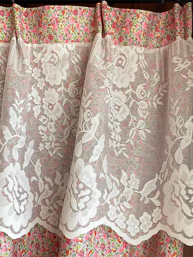 Pink Ditsy Floral Curtain with Lace