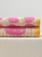 Pink Sunny Strawberry hand towel by Breezora, soft fabric with strawberry design, ideal for bathroom or kitchen use.