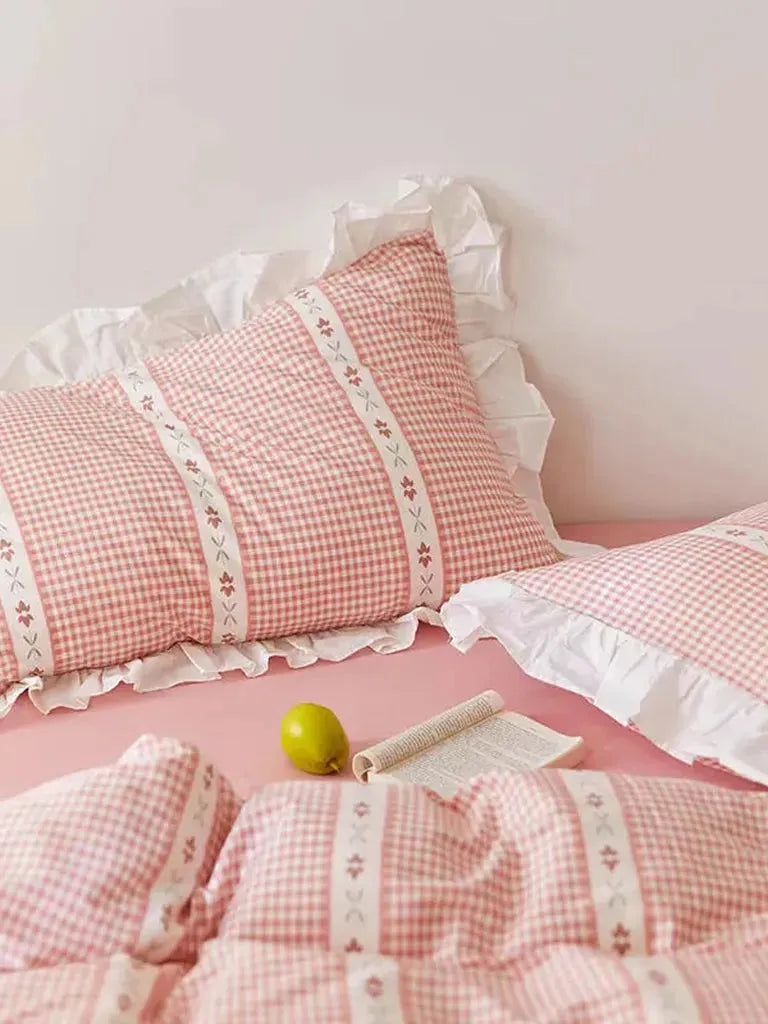 Pink Gingham Ruffle Duvet Cover Set