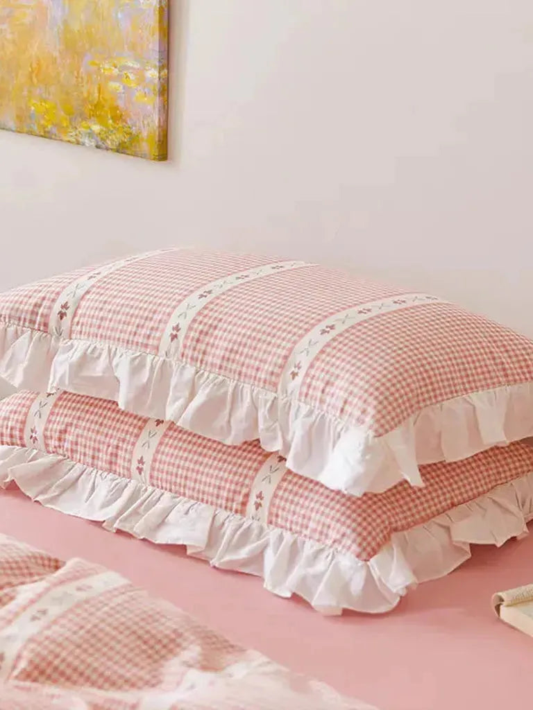 Pink Gingham Ruffle Duvet Cover Set