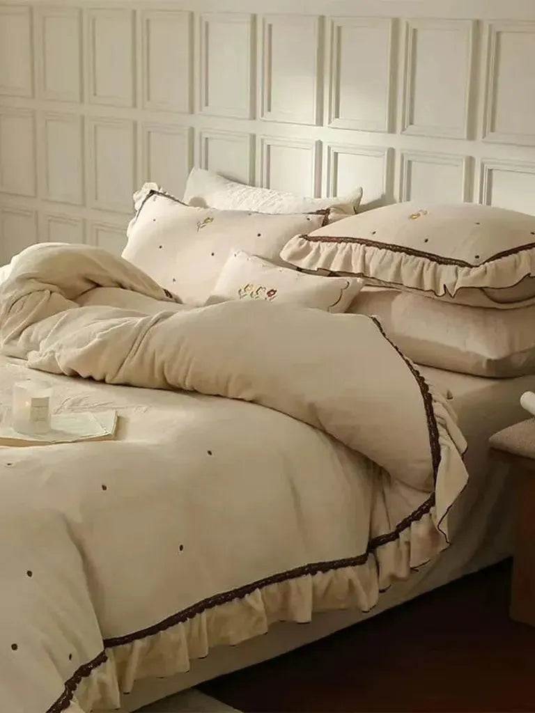 Polka Dot Embroidery Bedding Set with Ruffle