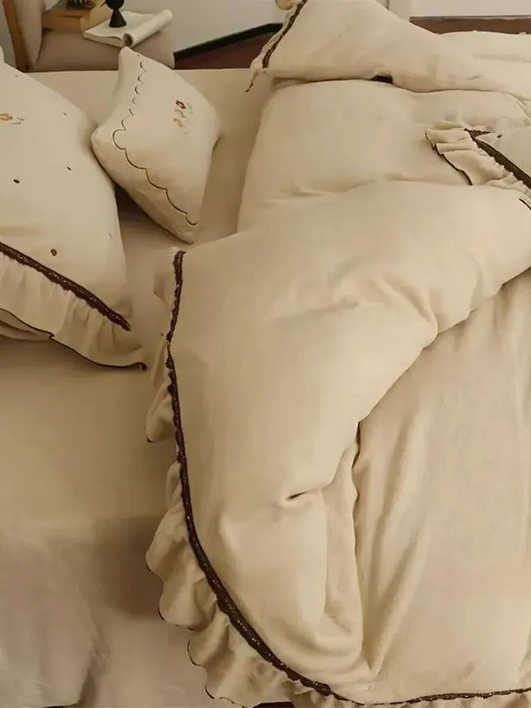 Polka Dot Embroidery Bedding Set with Ruffle