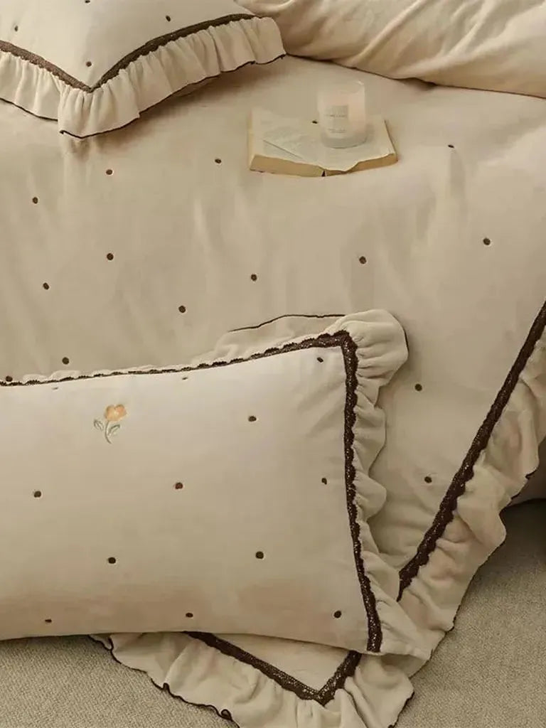Polka Dot Embroidery Bedding Set with Ruffle