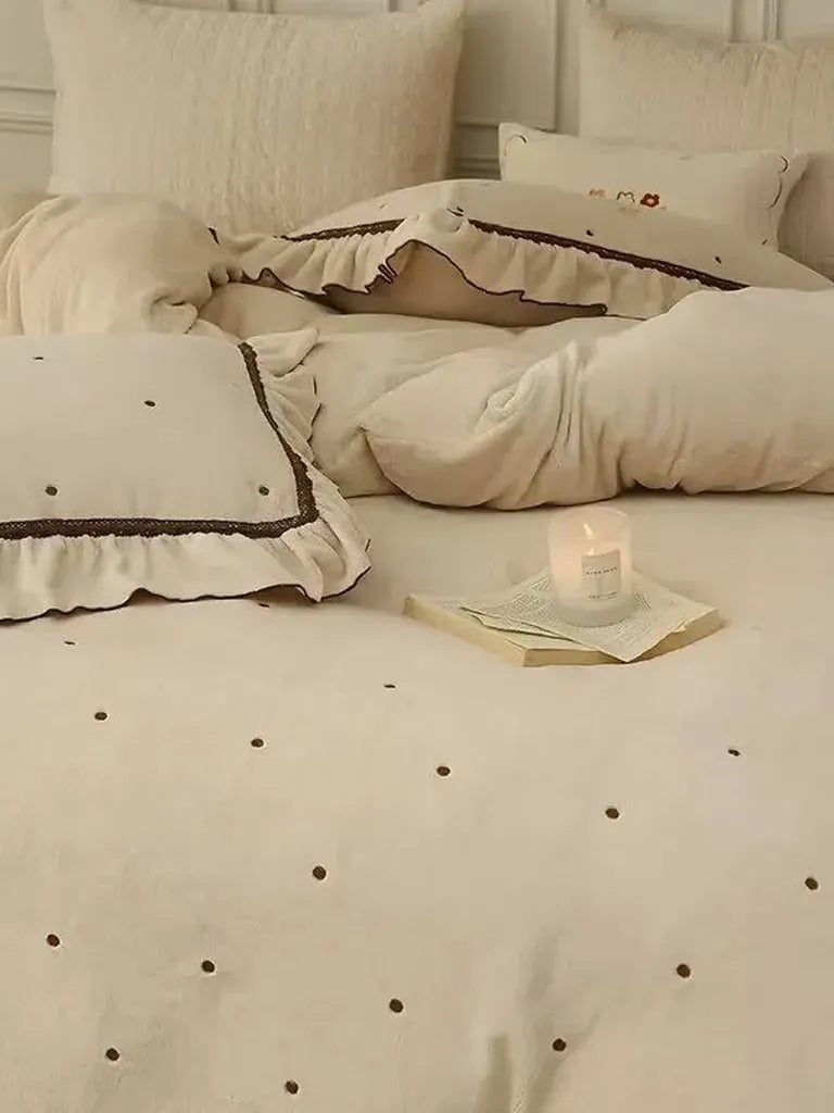 Polka Dot Embroidery Bedding Set with Ruffle