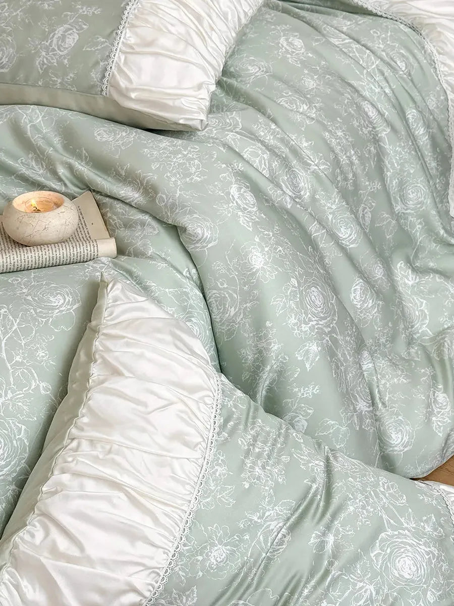 Breezora Princess Ruched Bedding Set with Lace in soft pastel colors, featuring elegant ruching and delicate lace trims.