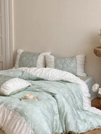 Princess Ruched Bedding Set with Lace by Breezora featuring delicate lace trim and soft, ruched fabric design.