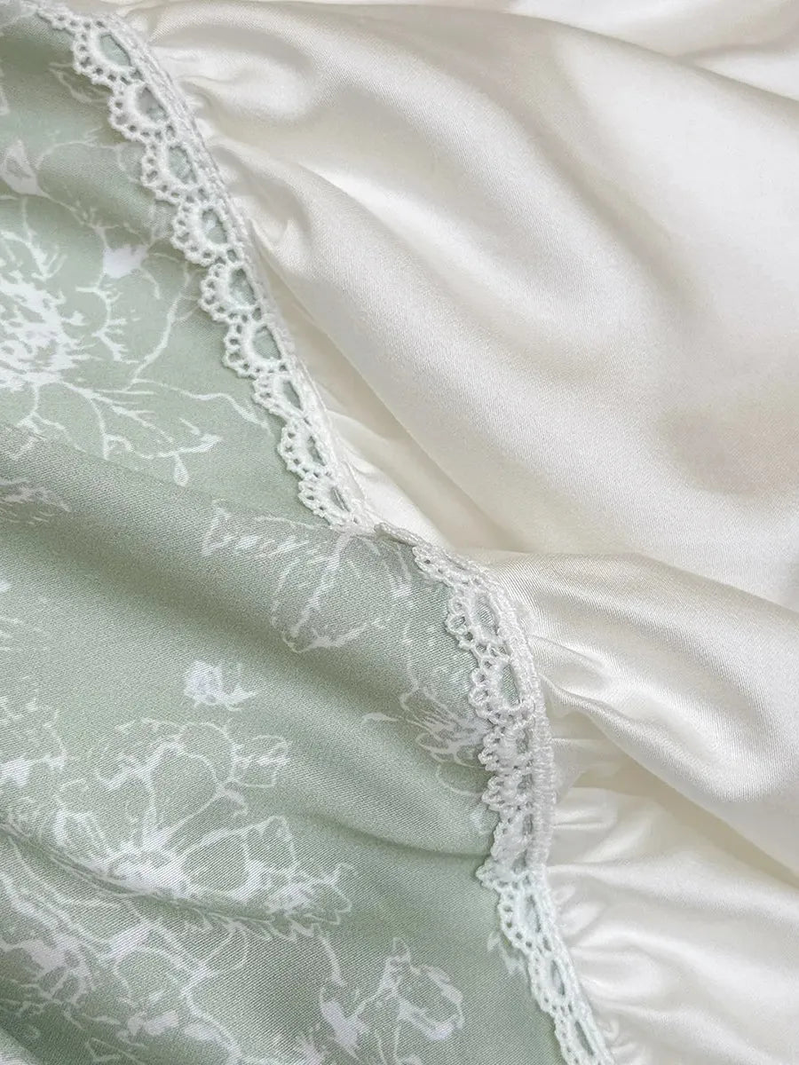 Breezora Princess Ruched Bedding Set with Lace featuring soft ruffles and elegant lace trim in a pastel color scheme.