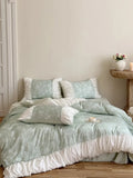 Breezora Princess Ruched Bedding Set with Lace featuring soft fabrics and elegant design in pastel colors.