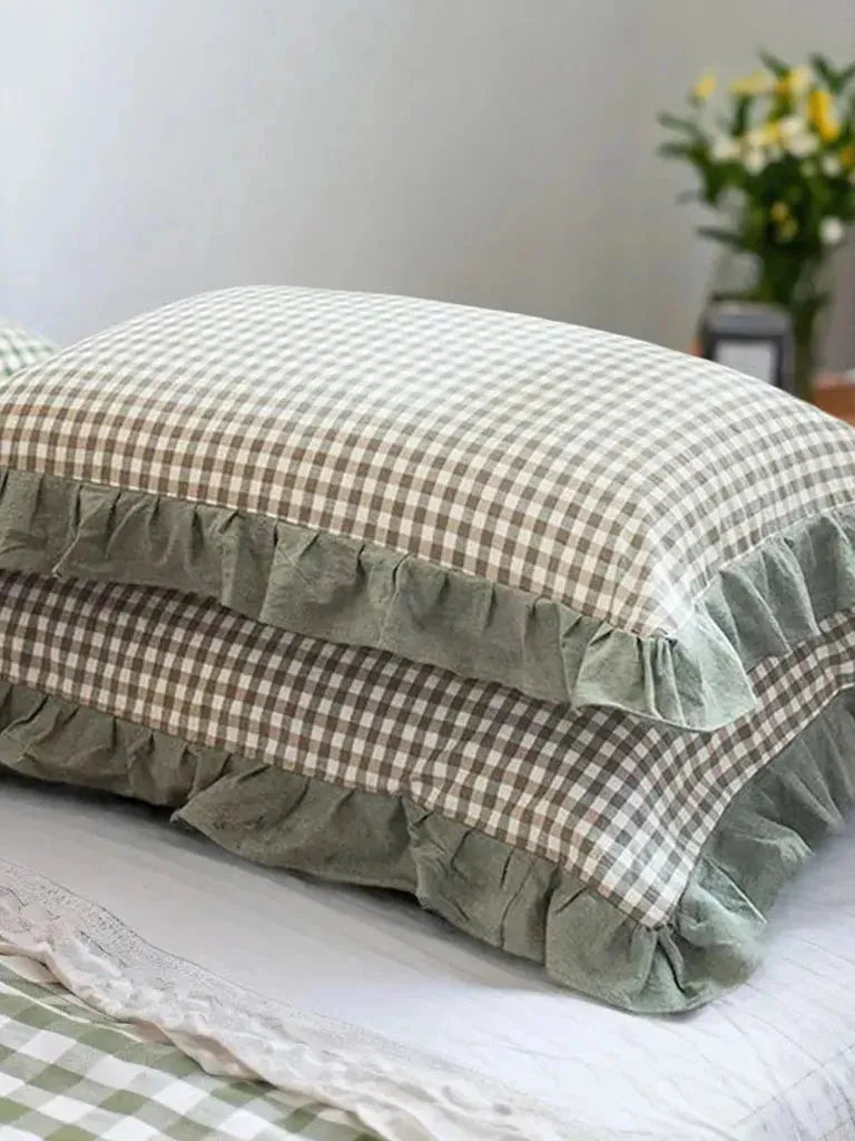 Rustic Gingham Pillowcase with Ruffle