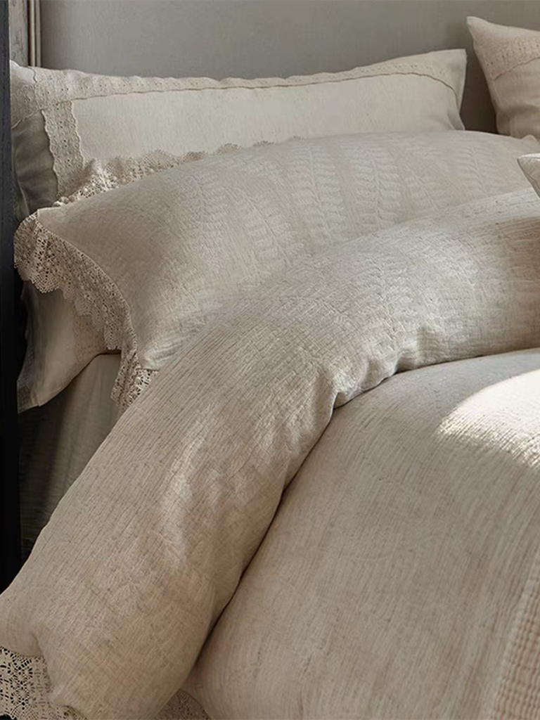 Rustic Linen Cotton Duvet Cover with Lace