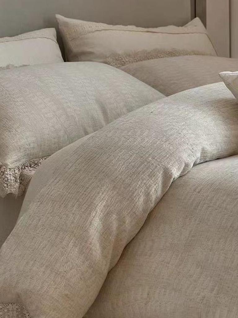Rustic Linen Cotton Duvet Cover with Lace