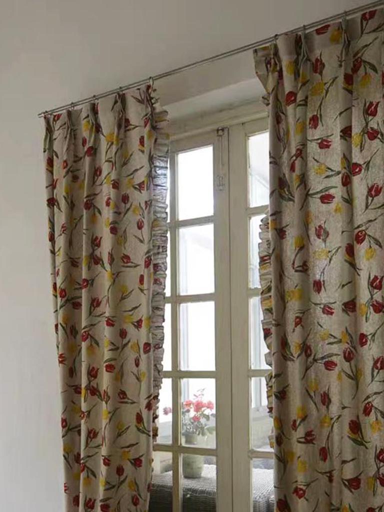 Rustic Tulip Print Pinch Pleat Curtain with Ruffle