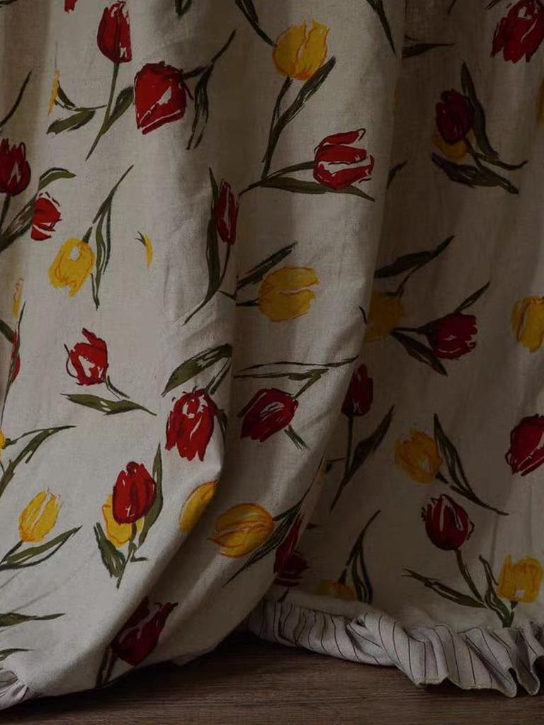 Rustic Tulip Print Pinch Pleat Curtain with Ruffle