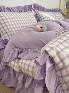 Seersucker Windowpane Check Bedding Set with Ruffle