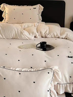 Soft Heart Embroidery Ruffle Bedding Set
