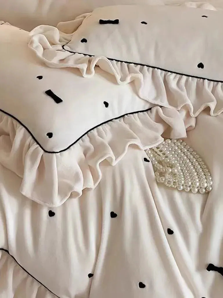 Soft Heart Embroidery Ruffle Bedding Set