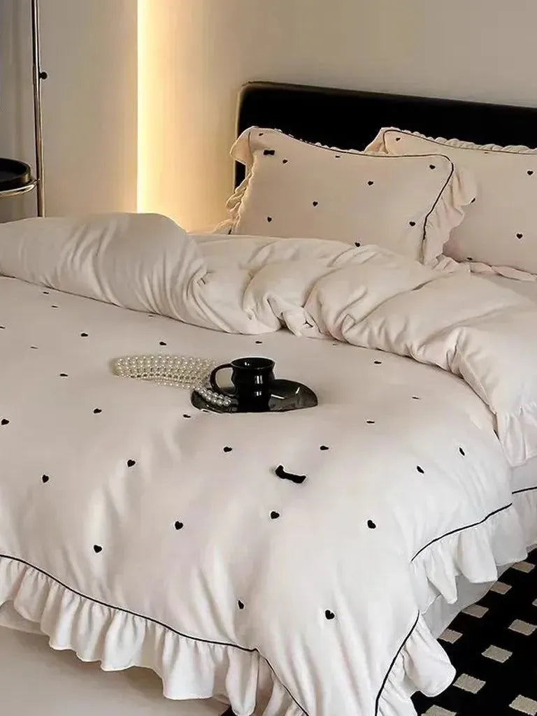 Soft Heart Embroidery Ruffle Bedding Set